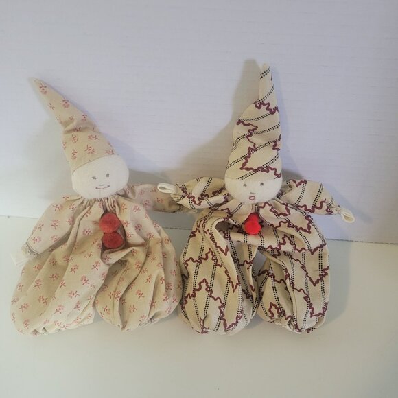 Vintage Whimsical Handmade Cloth Clown Dolls with Red Accents Set Of 2 - Picture 1 of 5
